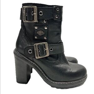 Harley Davidson Womens 5.5 Leather Studded Buckle Boots Black Moto Biker Y2K
